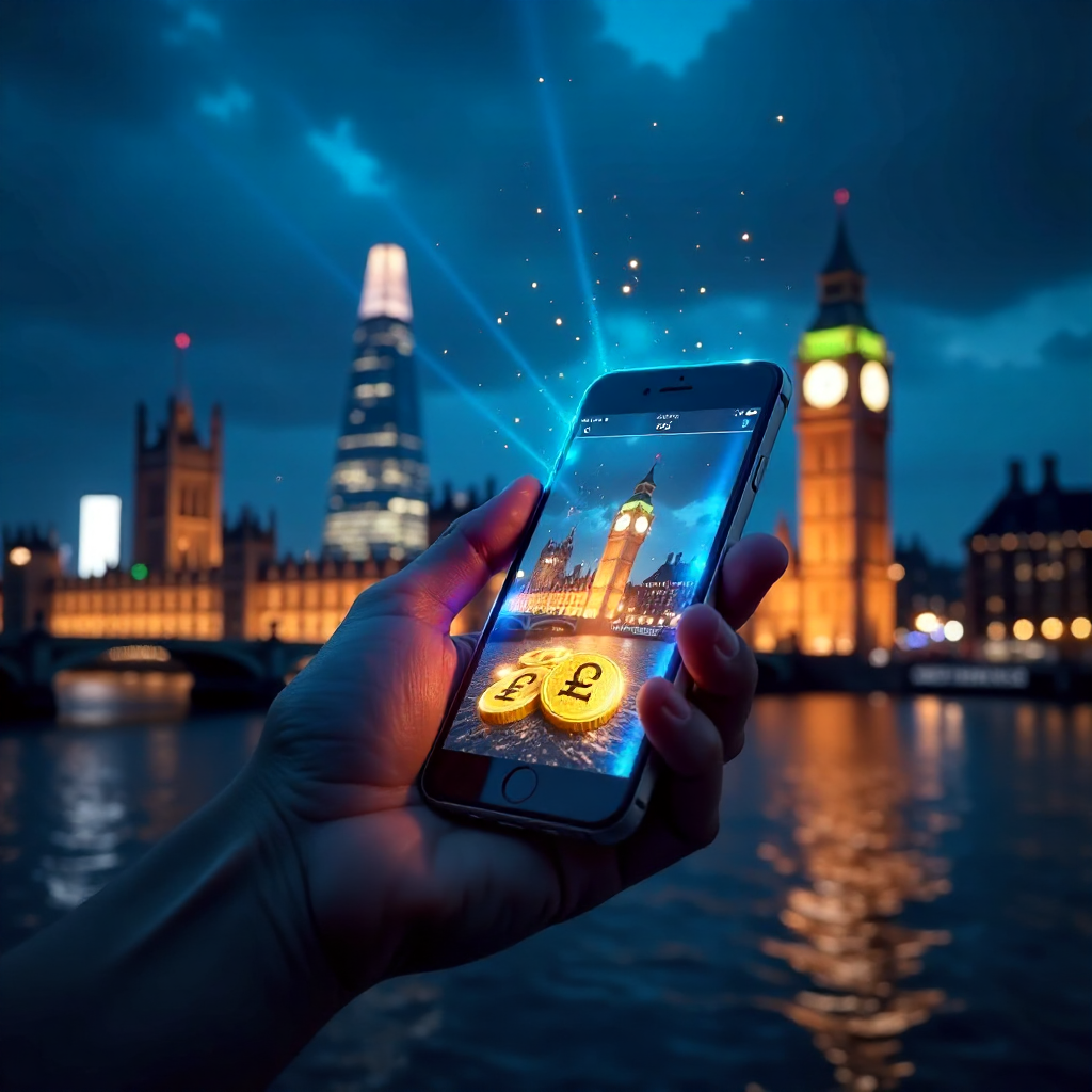 Futuristic hand holding a transparent glass smartphone displaying the True Fortune UK app, background is the London skyline with the Shard and Big Ben at night with glowing royal blue laser beams, 3D holographic gold British Pound (£) coins and sparkling